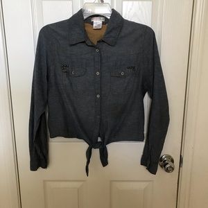 Tie waist button down denim cropped top.